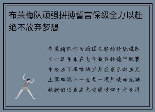 布莱梅队顽强拼搏誓言保级全力以赴绝不放弃梦想