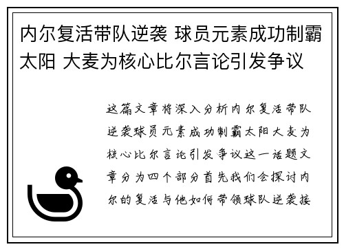 内尔复活带队逆袭 球员元素成功制霸太阳 大麦为核心比尔言论引发争议