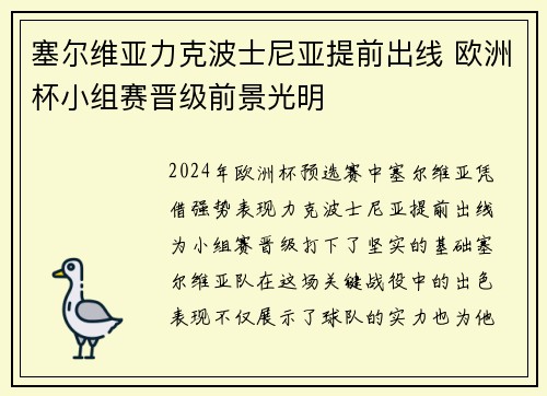 塞尔维亚力克波士尼亚提前出线 欧洲杯小组赛晋级前景光明