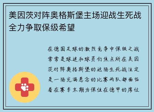 美因茨对阵奥格斯堡主场迎战生死战全力争取保级希望