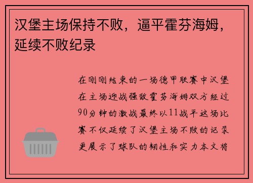 汉堡主场保持不败，逼平霍芬海姆，延续不败纪录
