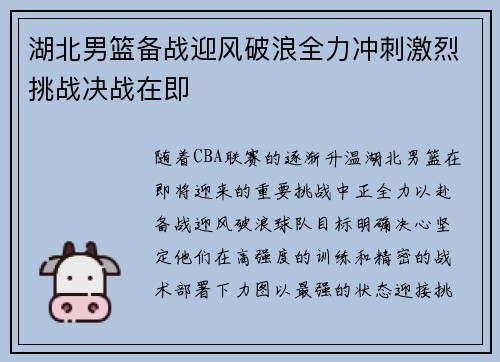 湖北男篮备战迎风破浪全力冲刺激烈挑战决战在即