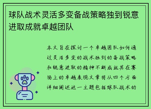 球队战术灵活多变备战策略独到锐意进取成就卓越团队