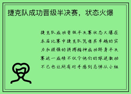 捷克队成功晋级半决赛，状态火爆