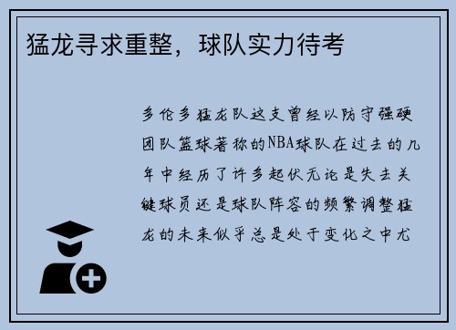 猛龙寻求重整，球队实力待考