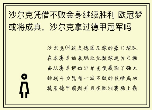沙尔克凭借不败金身继续胜利 欧冠梦或将成真，沙尔克拿过德甲冠军吗
