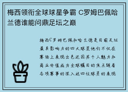 梅西领衔全球球星争霸 C罗姆巴佩哈兰德谁能问鼎足坛之巅