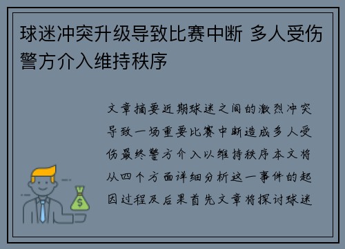球迷冲突升级导致比赛中断 多人受伤警方介入维持秩序