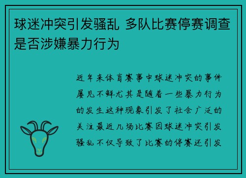 球迷冲突引发骚乱 多队比赛停赛调查是否涉嫌暴力行为