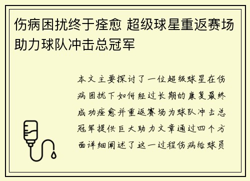 伤病困扰终于痊愈 超级球星重返赛场助力球队冲击总冠军