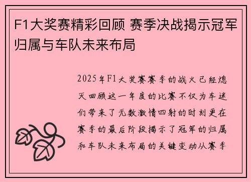 F1大奖赛精彩回顾 赛季决战揭示冠军归属与车队未来布局