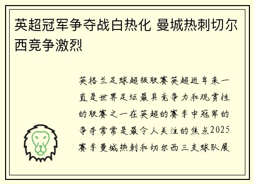 英超冠军争夺战白热化 曼城热刺切尔西竞争激烈