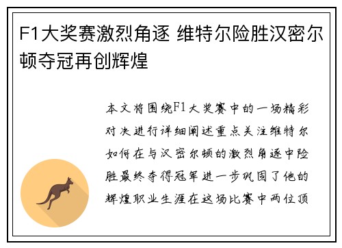 F1大奖赛激烈角逐 维特尔险胜汉密尔顿夺冠再创辉煌