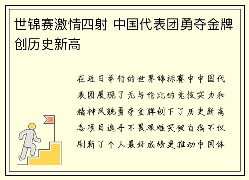 世锦赛激情四射 中国代表团勇夺金牌创历史新高