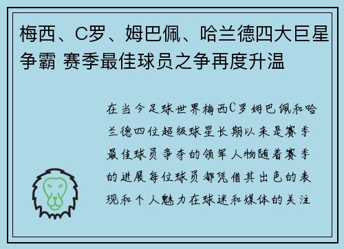 梅西、C罗、姆巴佩、哈兰德四大巨星争霸 赛季最佳球员之争再度升温