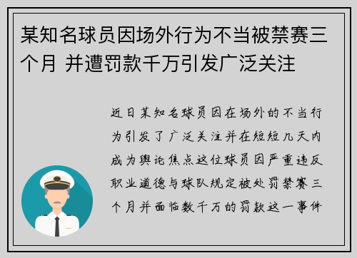 某知名球员因场外行为不当被禁赛三个月 并遭罚款千万引发广泛关注
